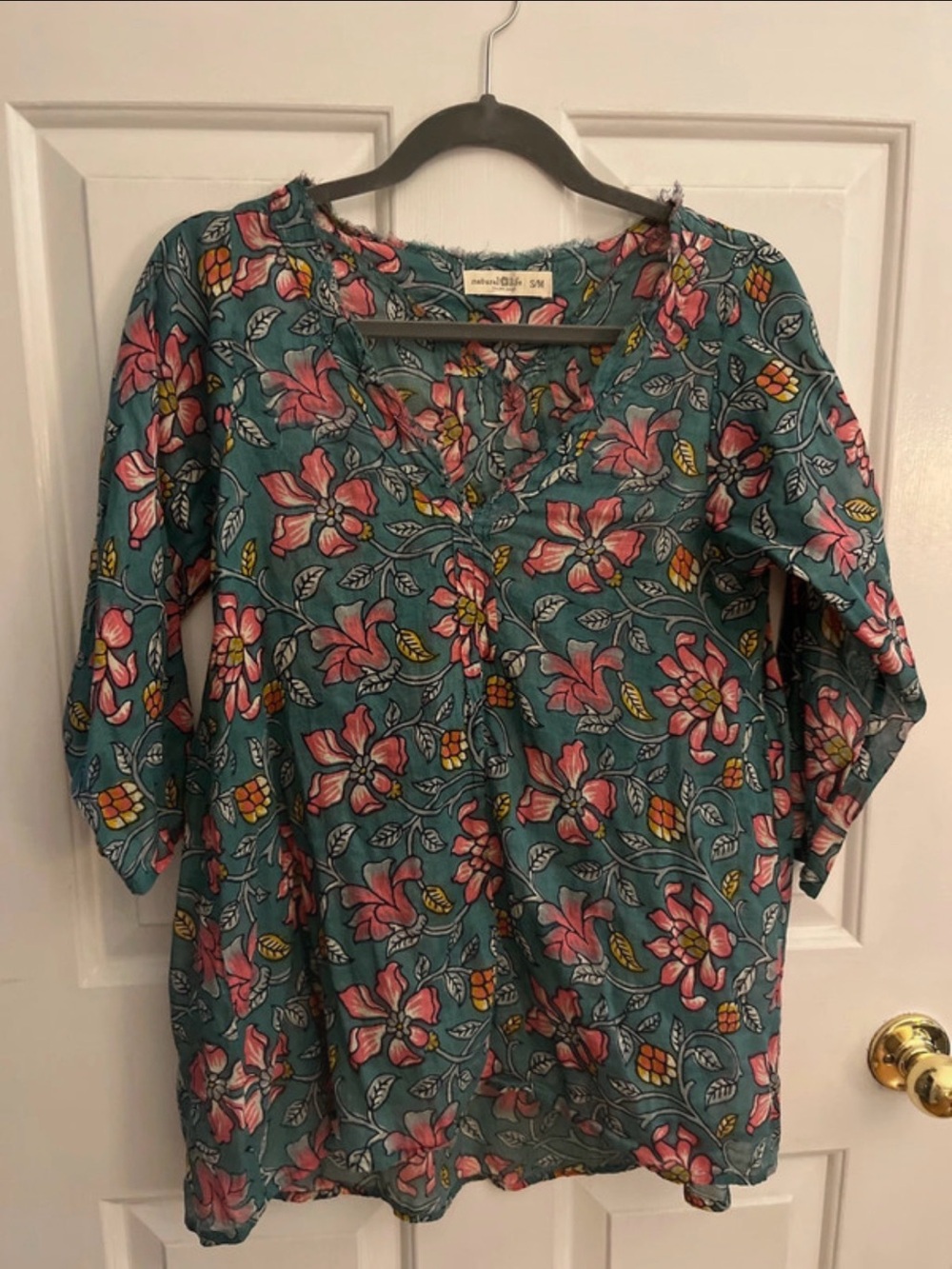 NATURAL LIFE Teal Floral Peasant Tunic with Pink & Yellow Accents